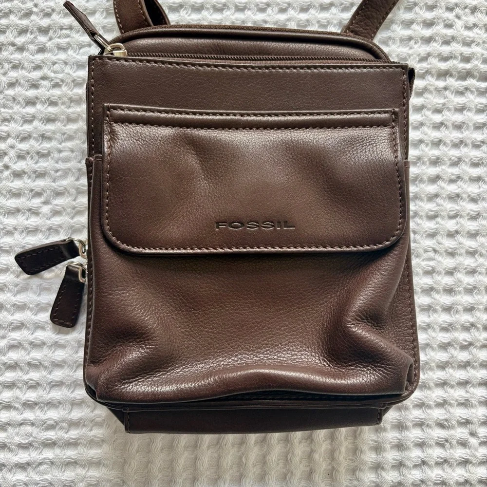 Fossil Vintage Dark Brown Pebbled Leather Crossbody Bag Purse - Picture 2 of 7